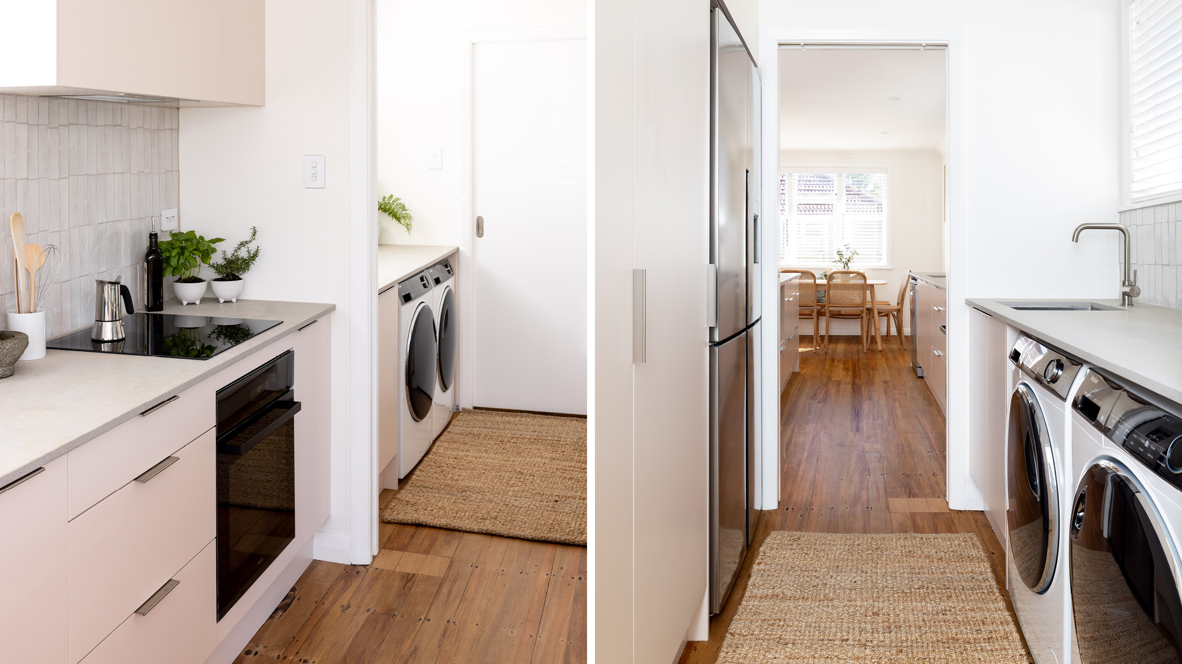 Shots of the kitchen leading into the laundry room