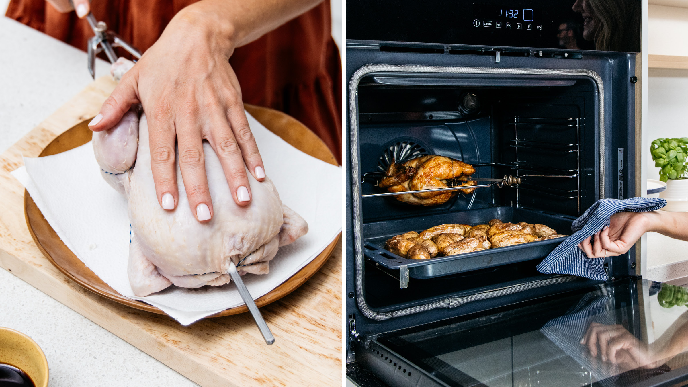 demonstration of inserting the skewer into the chicken and placing in the oven